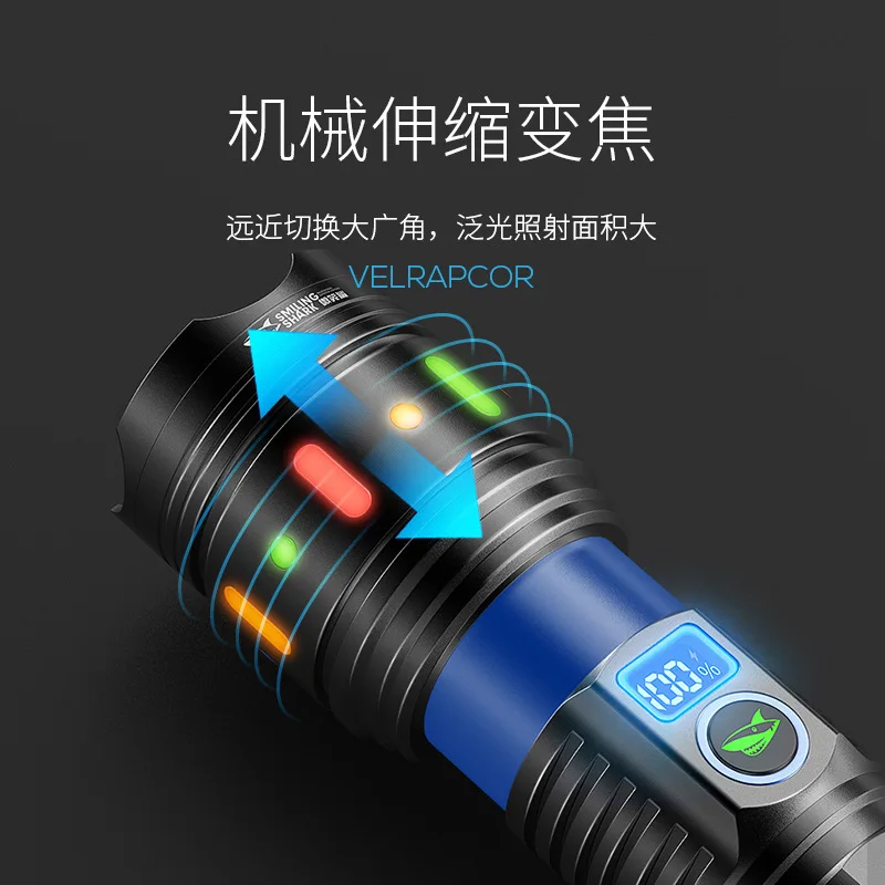 Outdoor white laser long-range high brightness variable zoom flashlight with large capacity and long battery life, charged displ