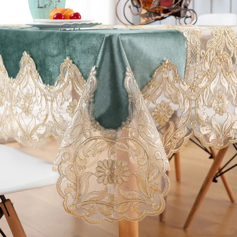 EIFLOY-Luxury Velvet Table Cloth for Party, Dining Table Cover, Embroidery Lace Tablecloth, Rectangular Round, Soft, Event Decor