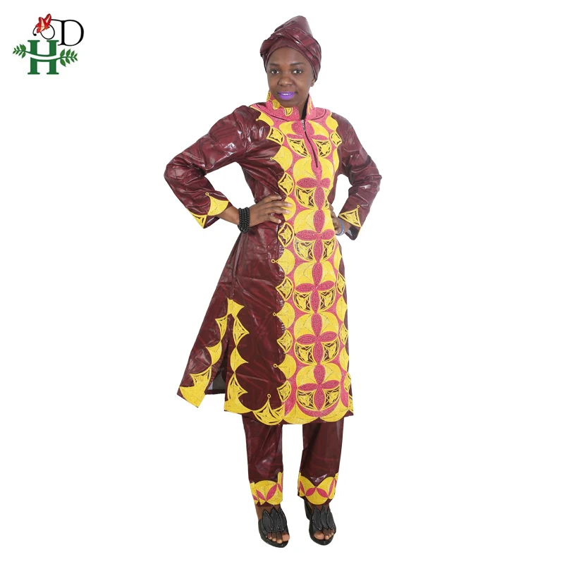 H&D African Dresses Pants 2 Piece Set Women Traditional Clothes Suit Bazin Riche Dashiki Long Shirt Women Clothing 2022 Headwrap