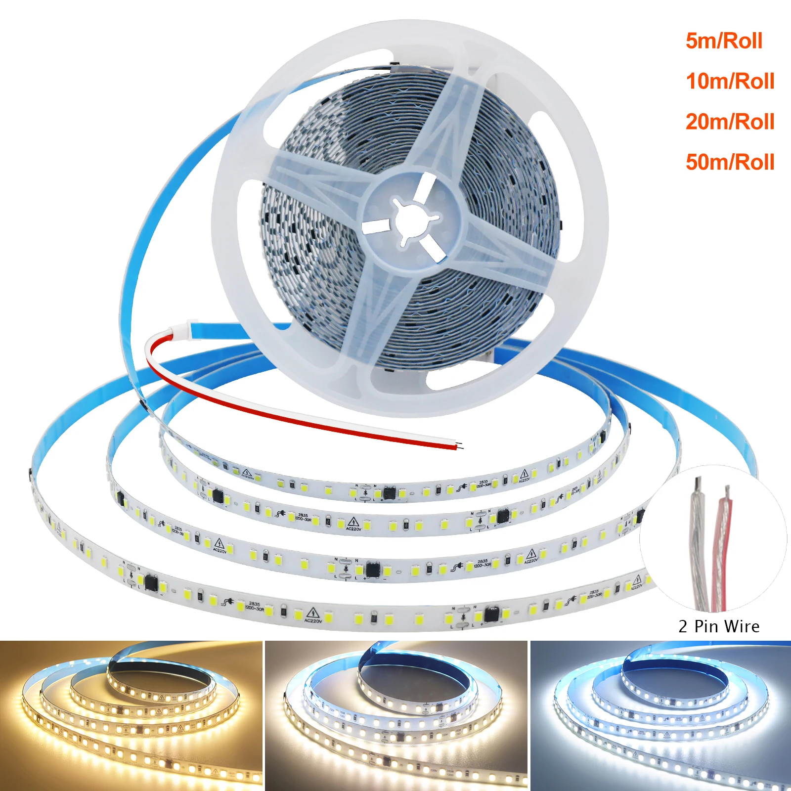 220V 230V 5M 10M 20M 50M LED Light Strip No Power Required Flexible Adhesive Tape IP55 with IC Chip 2835 120LEDs/M Home Lighting