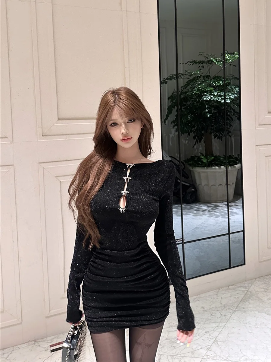 

Черное сексуальное короткое вечернее платье для женщин, для дня рождения, бала, с завышенной талией, из полиэстера, с длинными рукавами, облегающее платье-футляр