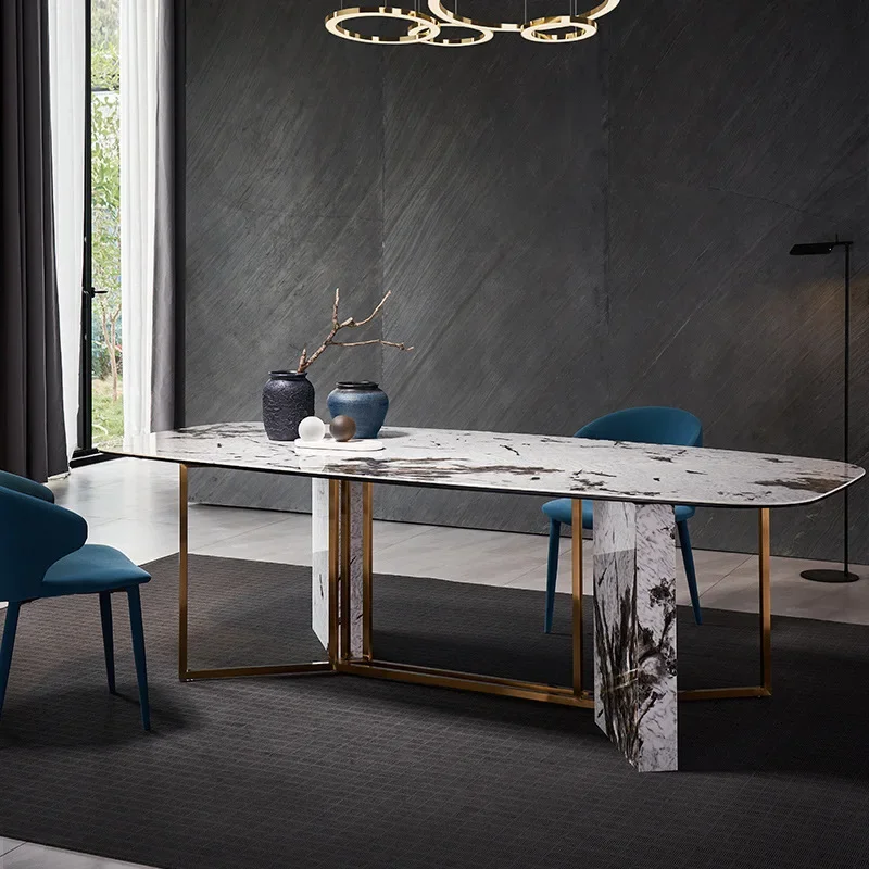 

Rock Plate Dining Table and Chair Combination Rectangular Modern Simple and Luxury Rock Plate Dining Table Household Smal