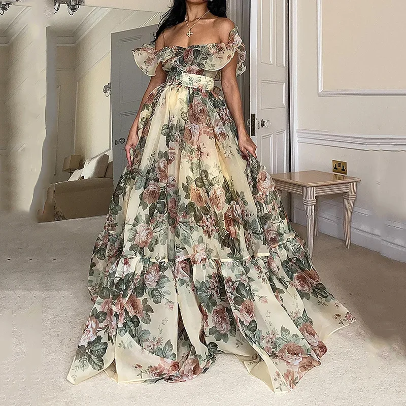 

2023 Summer New Fashionable Leisure Countryside Printed Shoulder Shrugged Skirt Beach Femme 2025 Summer Dress Robe Vestido Women