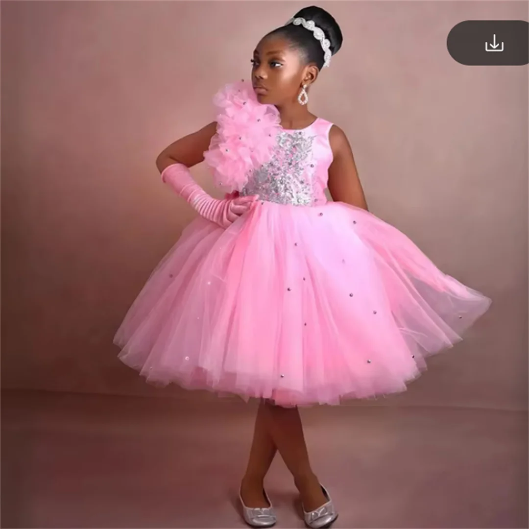 

Pink Beaded Flower Girl Dresses Customized Bow Back Knee Length Flowergirl Dress Princess Baby Kids Girls Birthday Party