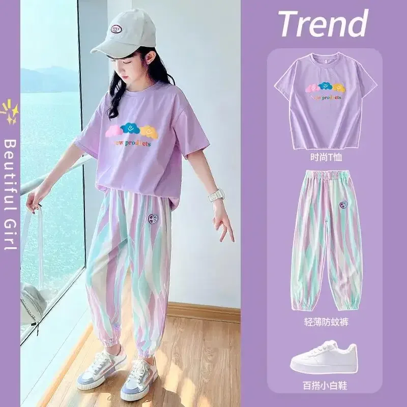 

Summer Girls Loungewear Suits Junior Kids Short Sleeve +Pants 2Pcs Set Korean Style Children Sports Set Teen Color Tracksuits