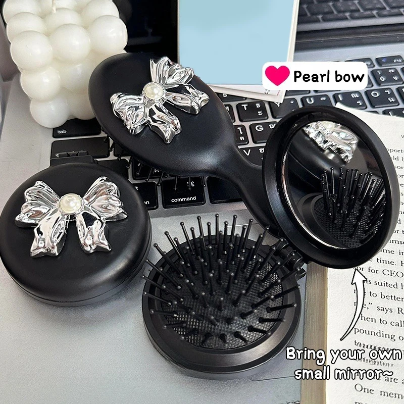 Pearl Bowknot Comb Mini Bow Compact Portable Foldable Airbag Air Cushion Massage Mirror Comb Portable Travel Girl Hair Combs