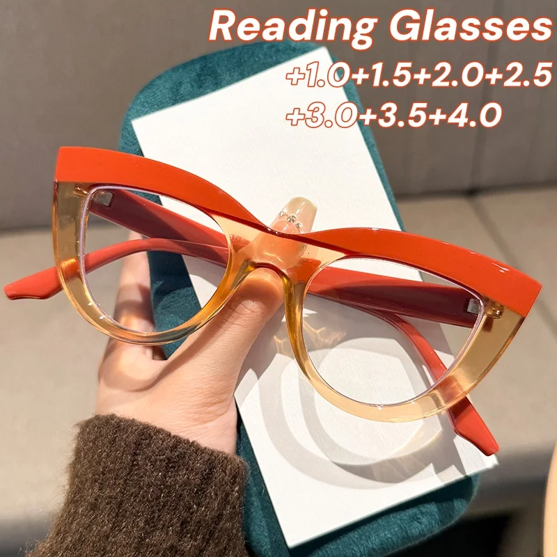 

Fashion European Cat Eye Reading Glasses New Design Color Blocked Large Frame Presbyopia Glasses for Women Men Anti Blue Light