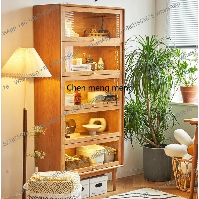 Nordic Modern Minimalist Solid Wood Flip Door Glass Wine Cabinet Home Study Floor Bookshelf