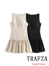 TRAFZA Vintage Casual Chic Solid Women Dress Bow O-Neck Sleeveless Ruffles Mini Dress New Fashion 2024 Autumn Dress