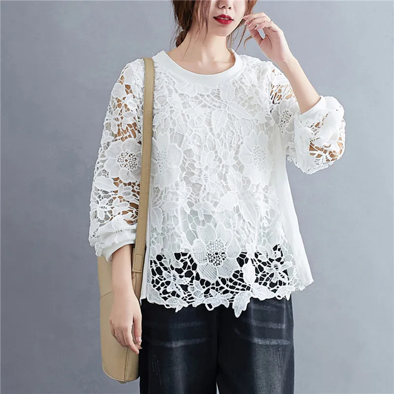 Oversized Lace T-shirt Hollowed Out Shirt Women Long Sleeve Casual Mesh Office Ladies Womens Summer Korean Style Cotton Tshirt