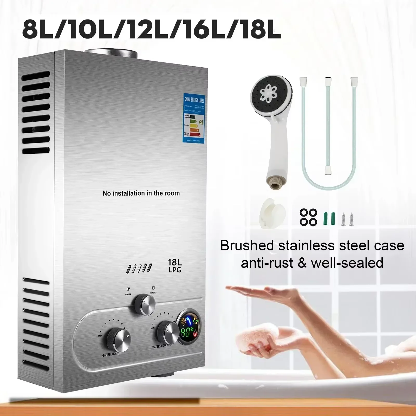 Calentador de agua de Gas VEVOR, calentador de agua caliente GLP, caldera de Gas propano sin tanque de acero inoxidable, electrodoméstico 6L-18L