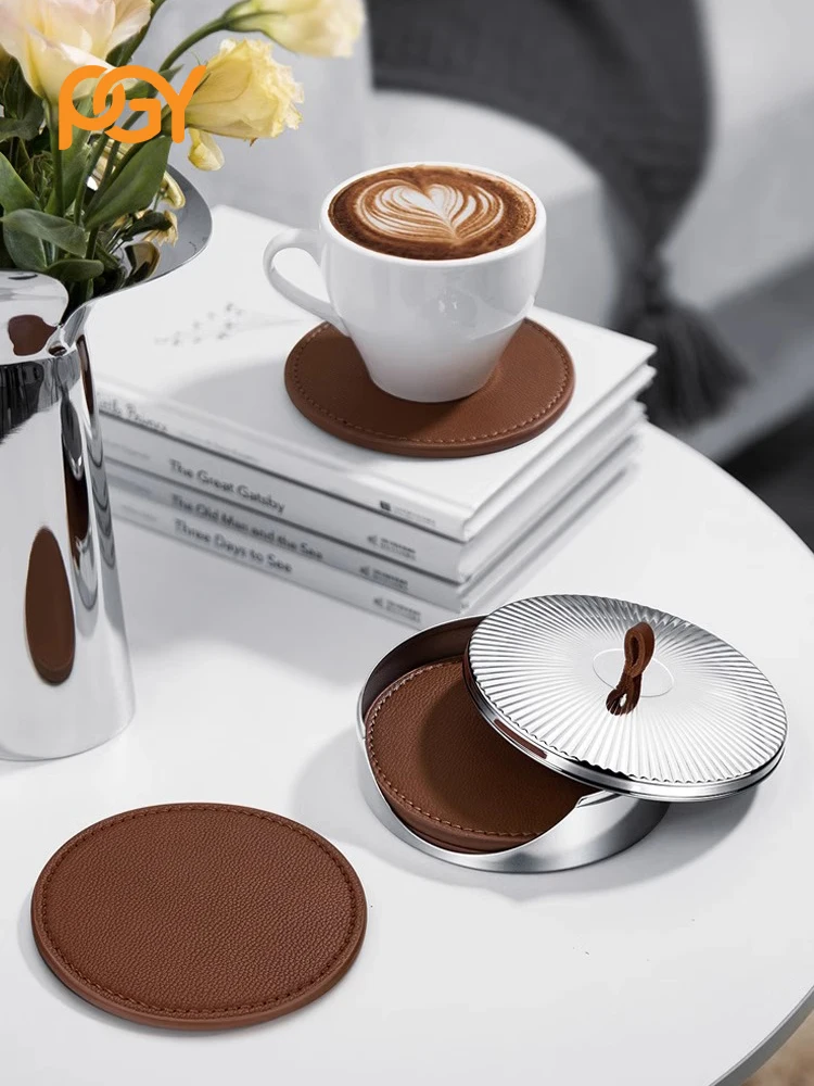 4PCS Luxury Leather Coasters with Stainless Steel Container, Premium Drink Mats for Home Decor, Bar, Office
