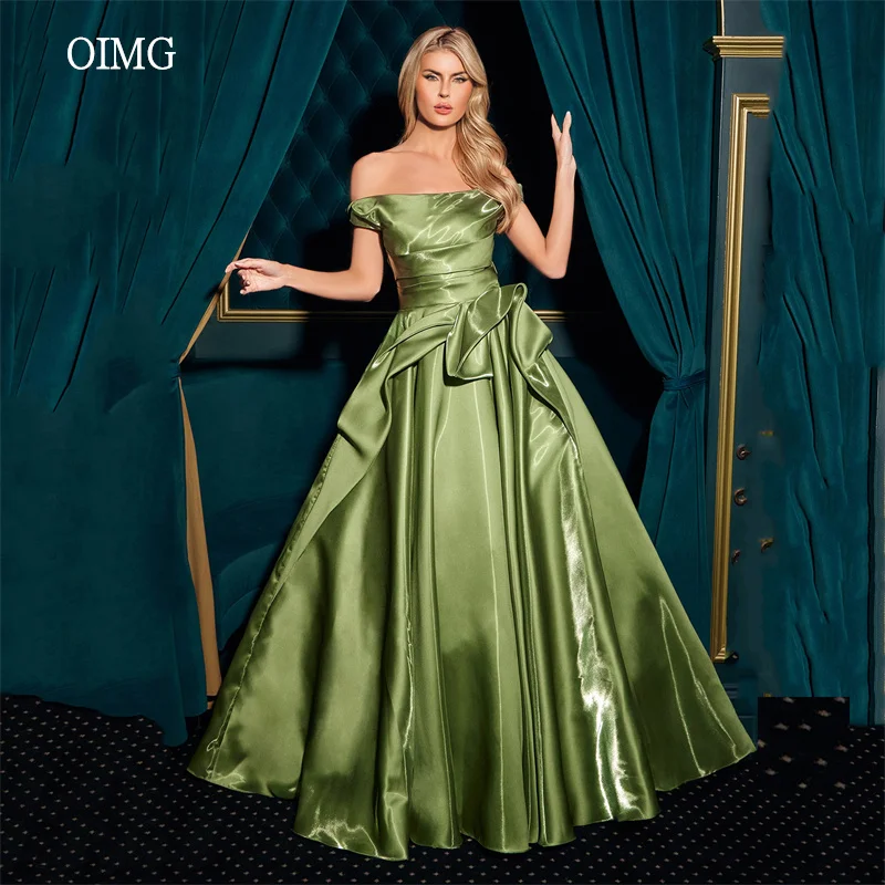 

OIMG Modern Green A Line Prom Gowns Off The Shoulder Pleated Party Gown Floor Length Evening Dress платье на выпускно Customized