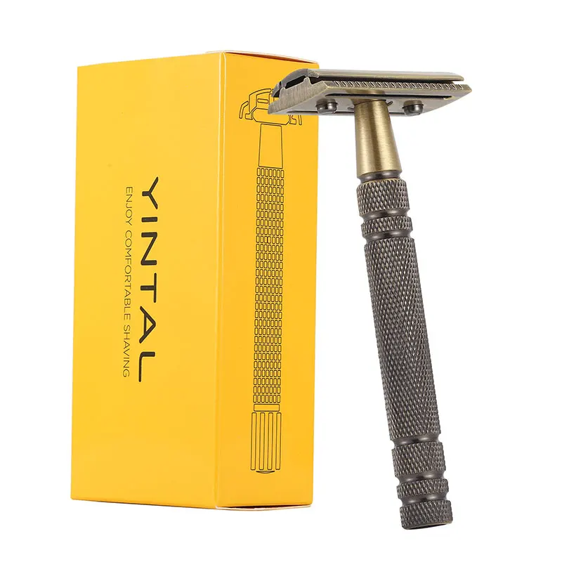 YINTAL Men's Bronze Classic Double-sided Manual Razor Long Handle Safety Razors Shaving Replaceable Classic Razors