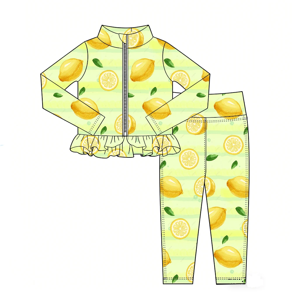 Boutique Hot-selling girls' outfit long-sleeved and long-legged with ruffled zipper and Lemon Pineapple Kiwi print custom