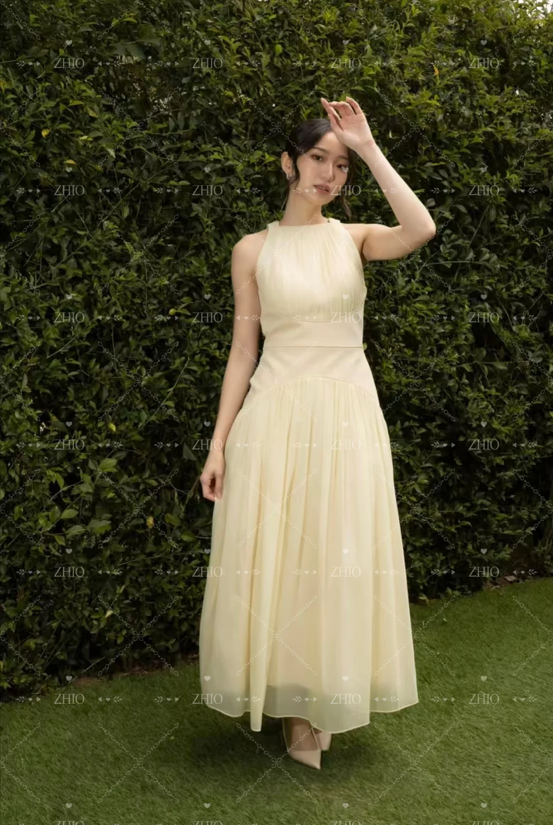 ZHIO فستان سهرة بسيط ليموني فاتح رسن بدون أكمام طول الكاحل الأورجانزا فساتين حفلات الزفاف فستان حفلات رسمي مخصص