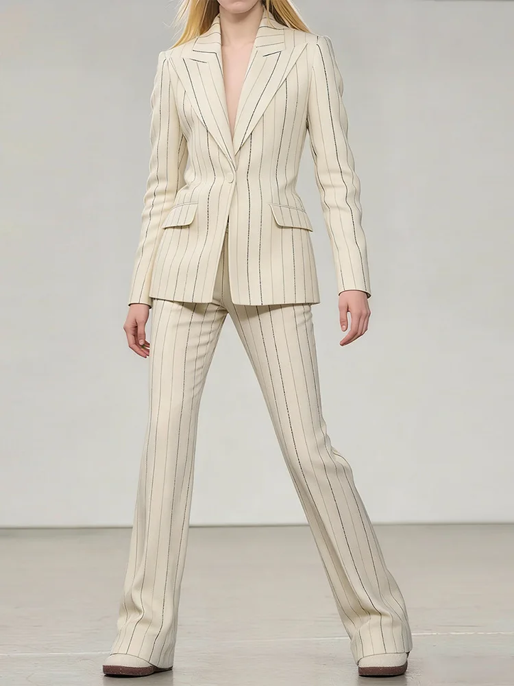 HIGH STREET Newest 2026 Stylish Designer Suit Set Women's Vertical Striped Blazer Pants Set 2pcs