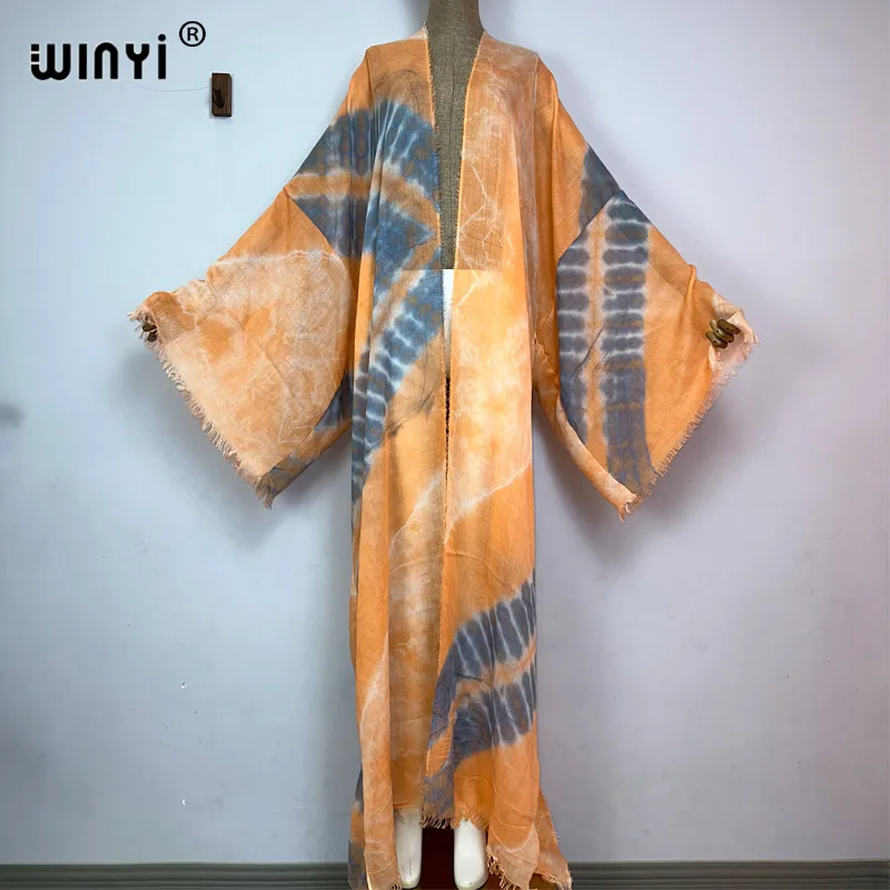 

Новое Женское Элегантное повседневное платье WINYI с принтом в стиле Tie-dye, африканские кардиганы, верхняя одежда для женщин, летнее пикантное хлопковое свободное кимоно