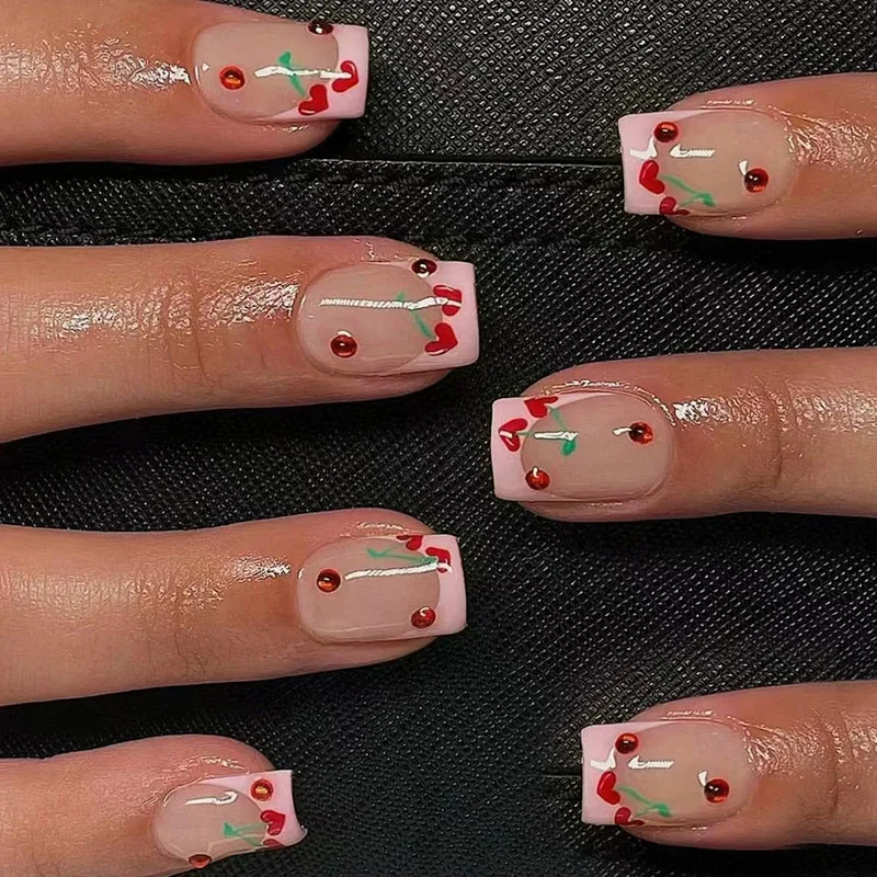 Faux ongles à tête carrée courte, 24 pièces, Design d'herbe française blanche, à pression, poudre brillante, couverture complète détachable