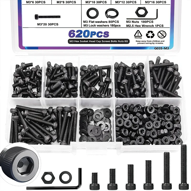 620Pcs 12.9 Grade Alloy Steel Screws Nuts Flat & Spring Washers Assortment Kit, M3 Fastener Set for 3D Printer