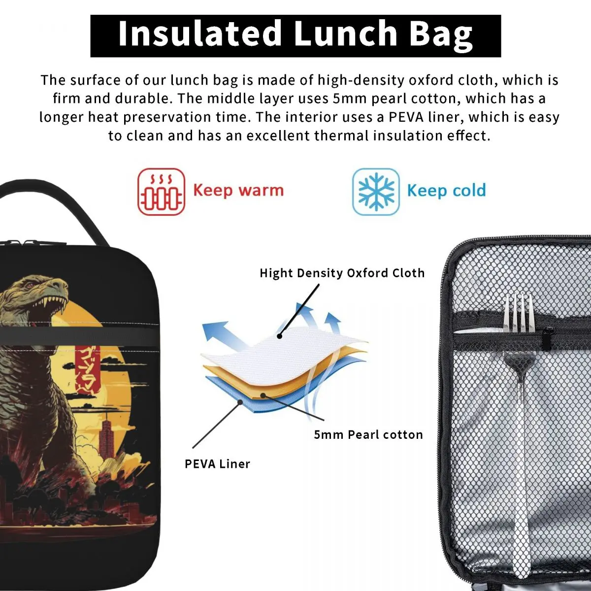 Godzillaed borsa per il pranzo isolata contenitore termico per il pranzo Tote portatile Lunch Box Food Bag College Outdoor