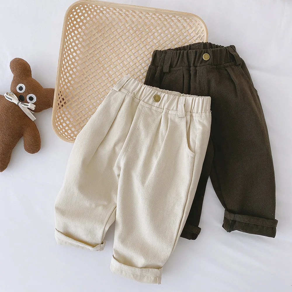 Fashion Boy Baby Solid Loose Casual Pants Autumn Outfits Girl Children Pockets Cool Pants Kid Infant Cotton Simple Duck Trousers