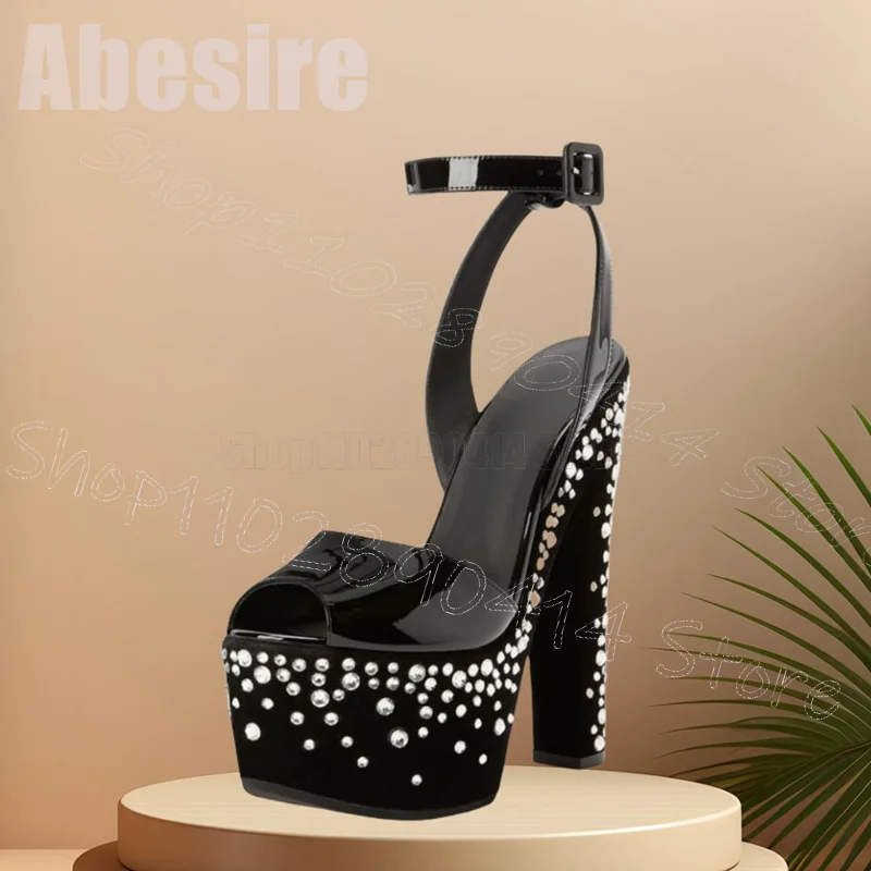 

Rhinestone Platform Black Peep Toe Sandals Buckle Strap Women Shoes Chunky High Heels Sexy Party Dating 2025 Zapatos Para Mujere