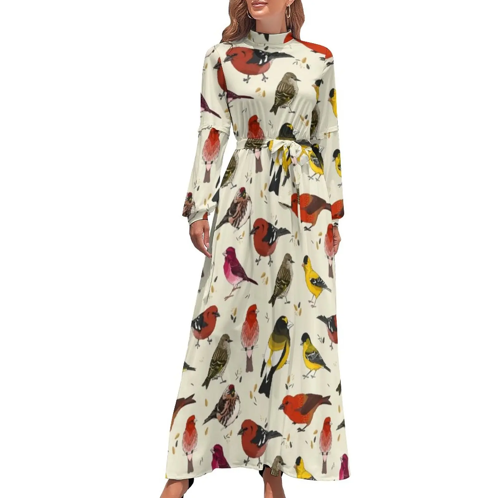 Colorful Birds Print Dress North American Finches Elegant Maxi Dress Streetwear Boho Beach Long Dresses High Waist Clothes