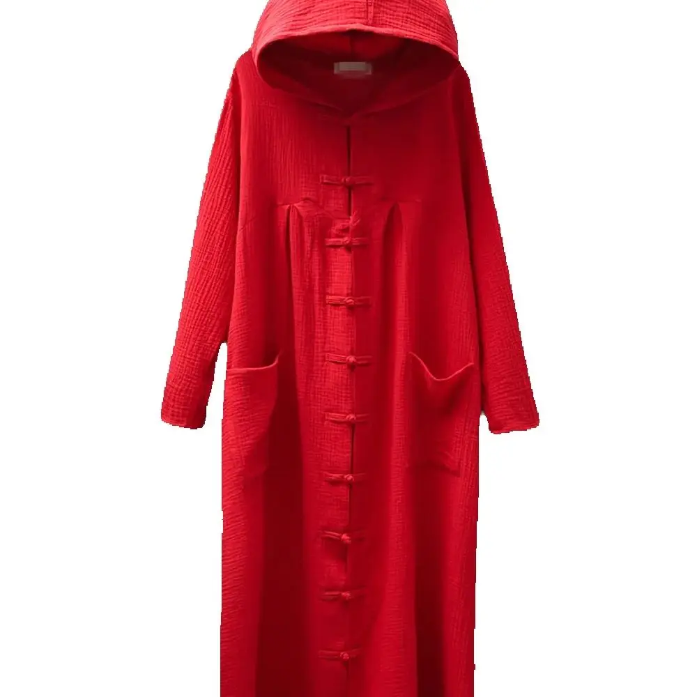 

LZJN Осенний женский плащ из хлопка и льна с капюшоном, куртка с длинными рукавами и пуговицами в китайской форме лягушки, верхняя одежда с карманом