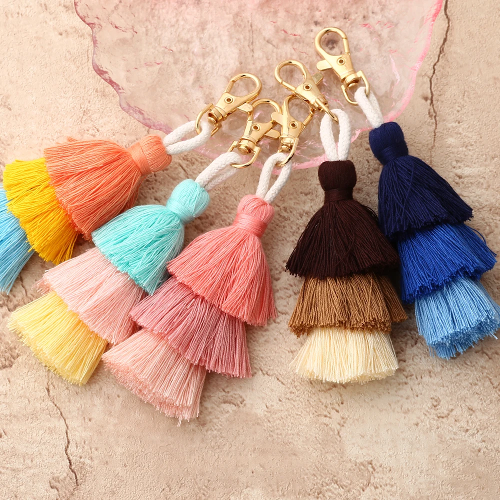 New Handmade Bohemian Bag Accessories Wholesale Three Layers Cotton Tassel Keychain Colorful Multi-layer Tassel Boho Accessory