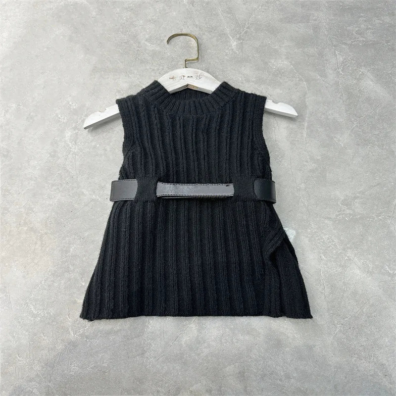 Autumn New Korean Edition Solid Round Neck Knitted Sweater vest+belt kids clothes set teen kids designer clothes meisjes kleding