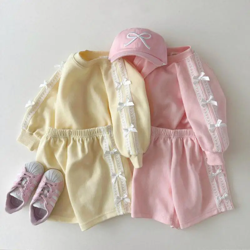 

2024 Autumn New Children Long Sleeve Clothes Set Girls Lace Bow Sweet Princess Suit Cotton Kids Solid Casual Shorts Outfits