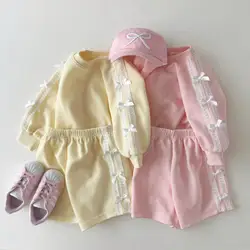 2024 Autumn New Children Long Sleeve Clothes Set Girls Lace Bow Sweet Princess Suit Cotton Kids Solid Casual Shorts Outfits