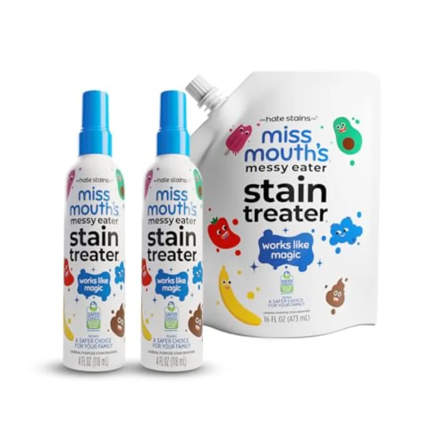 Miss Mouth's Messy Eater Stain Treater - Spray de 4oz (paquete de 2) y Bolsa de Recarga de 16oz - Limpiador de Manchas para Ropa de Bebé y Alfombras