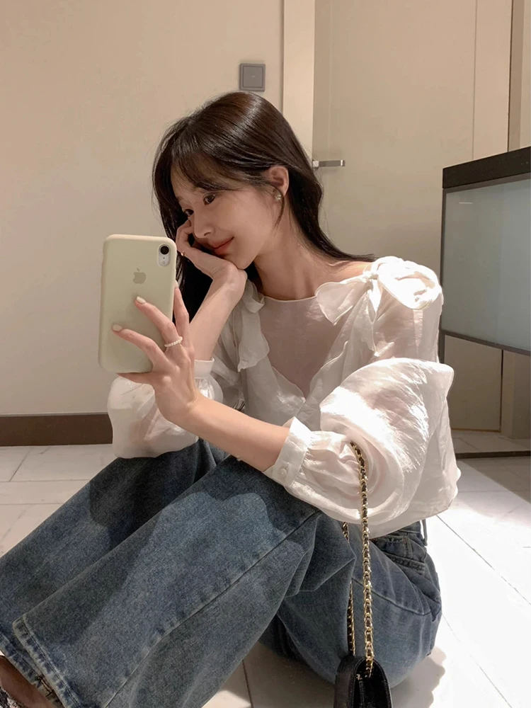 

Ele Spring New Knot Long Sve Women's Vest irt Two-Piece Set Korean Sle Loose Fit round Ne Polyester Fiber