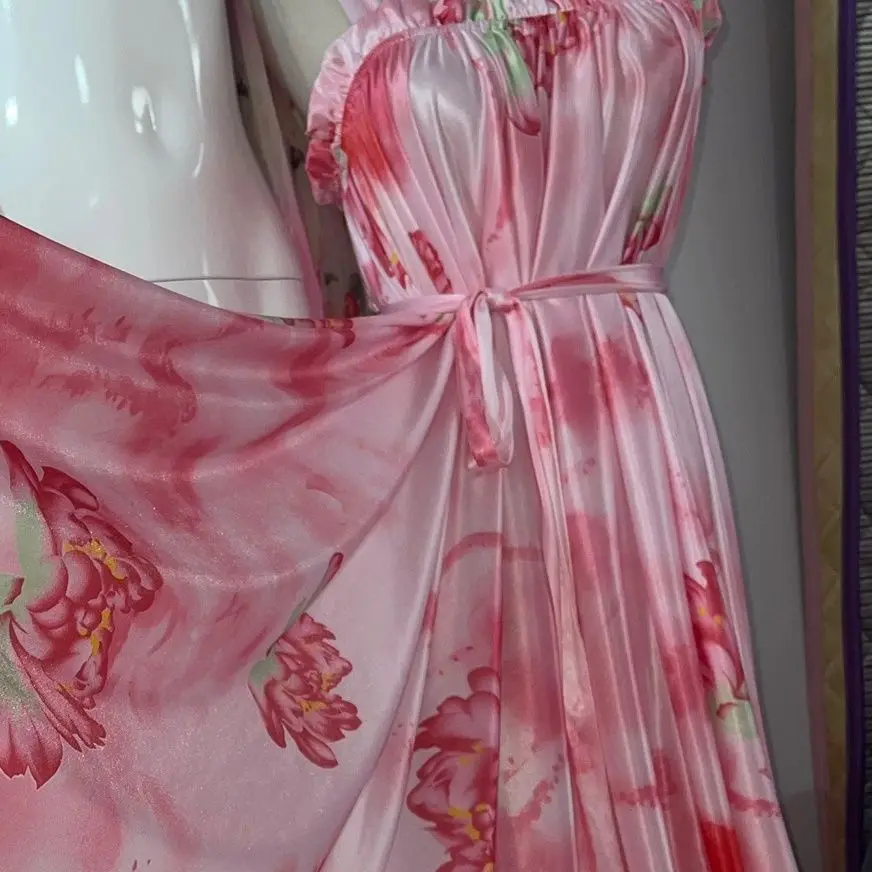 Glossy Pink Floral Print Women Satin Sleeveless Dress Loose Maxi Dress Plus Size Sleeping Robe