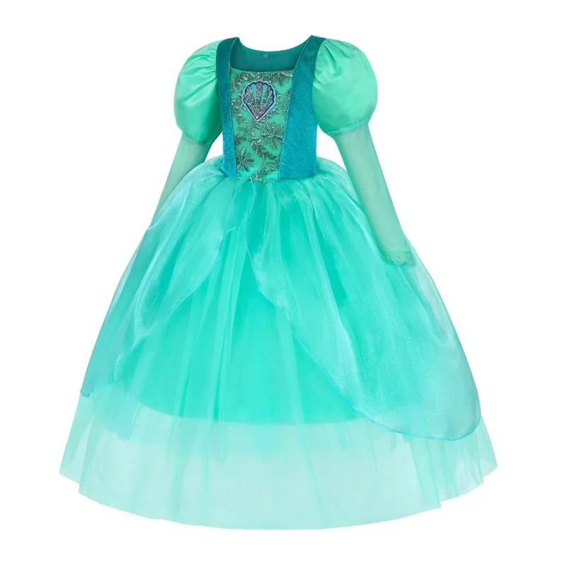 Ariel Costume For Girls Princess Dress Green Long Sleeve Ball Gown Party Cosplay Outfit Little Mermaid Dress Halloween Gift