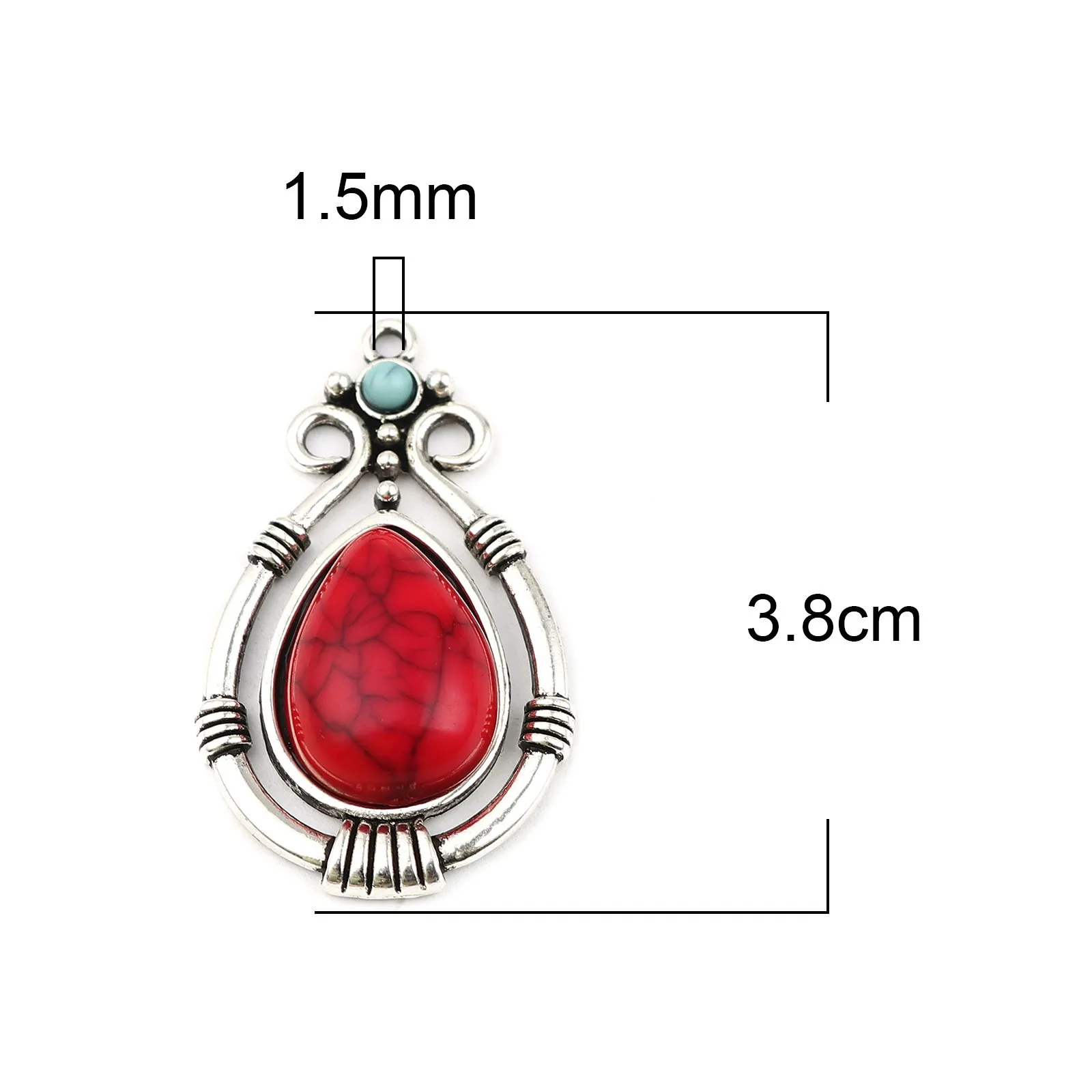 Bohemia Geometric Drop Pendants Antique Silver Color Red/Green  Metal Charms DIY Necklace Jewelry Gifts,5PCs