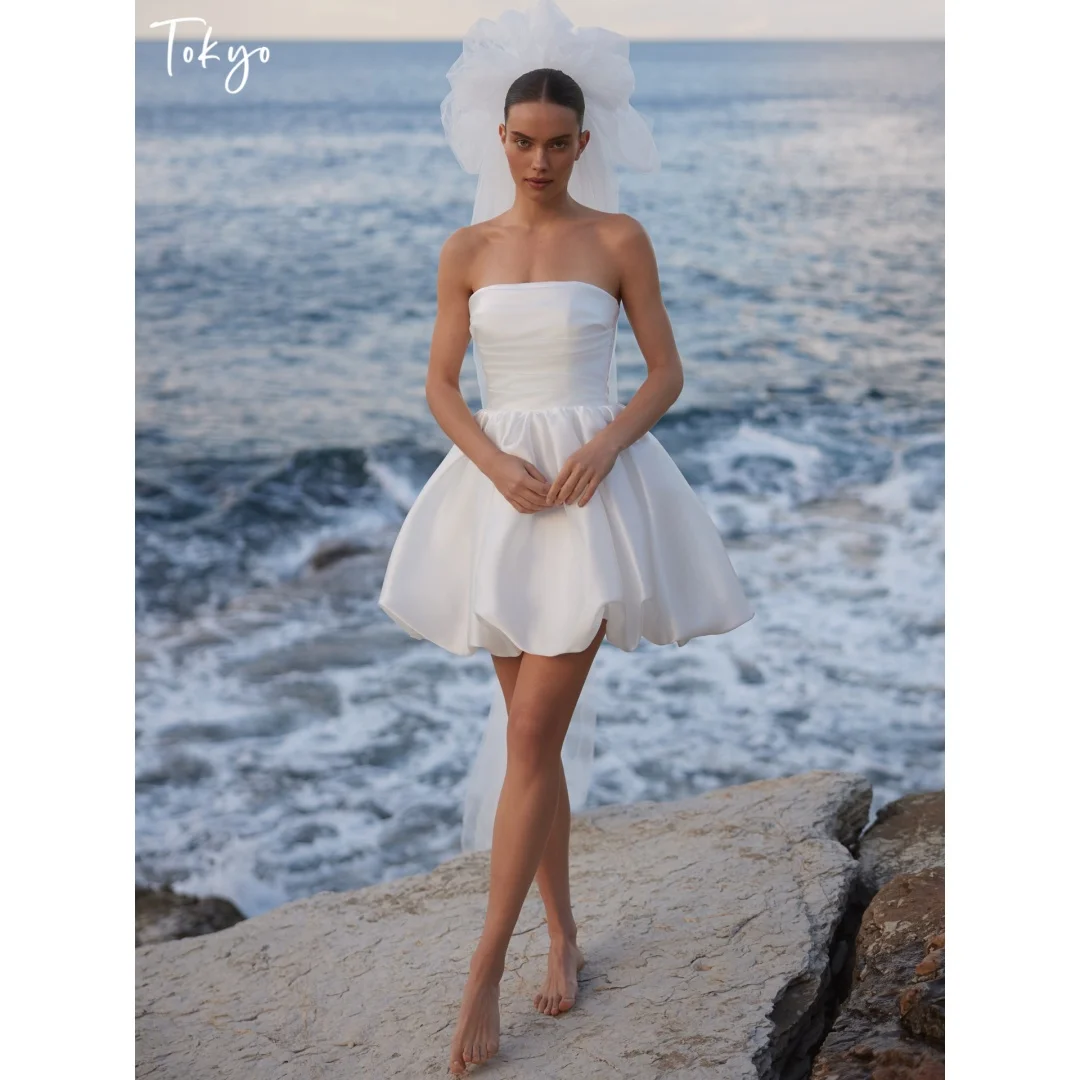 Tokyo Strapless Sleeveless Wedding Dress Puffy Bubble Hem Plain Satin vestidos de noche Mini Prom Dress Evening Dresses 2026