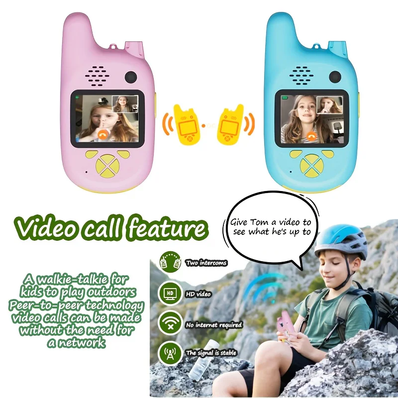 Walkie talkies para crianças, walkie talkies de vídeo infantil 2 peças com 2 peças 32 GB, talkies face a face, 70-200M, presente festivo para crianças