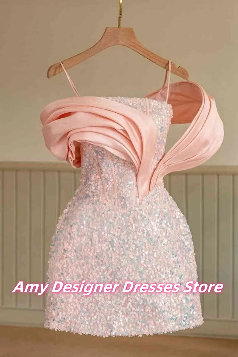 Prachtige lichtroze pailletten verjaardagsfeestje jurken voor vrouwen 2025, off-shoulder cocktailjurk, korte galajurken, Arabisch aangepast