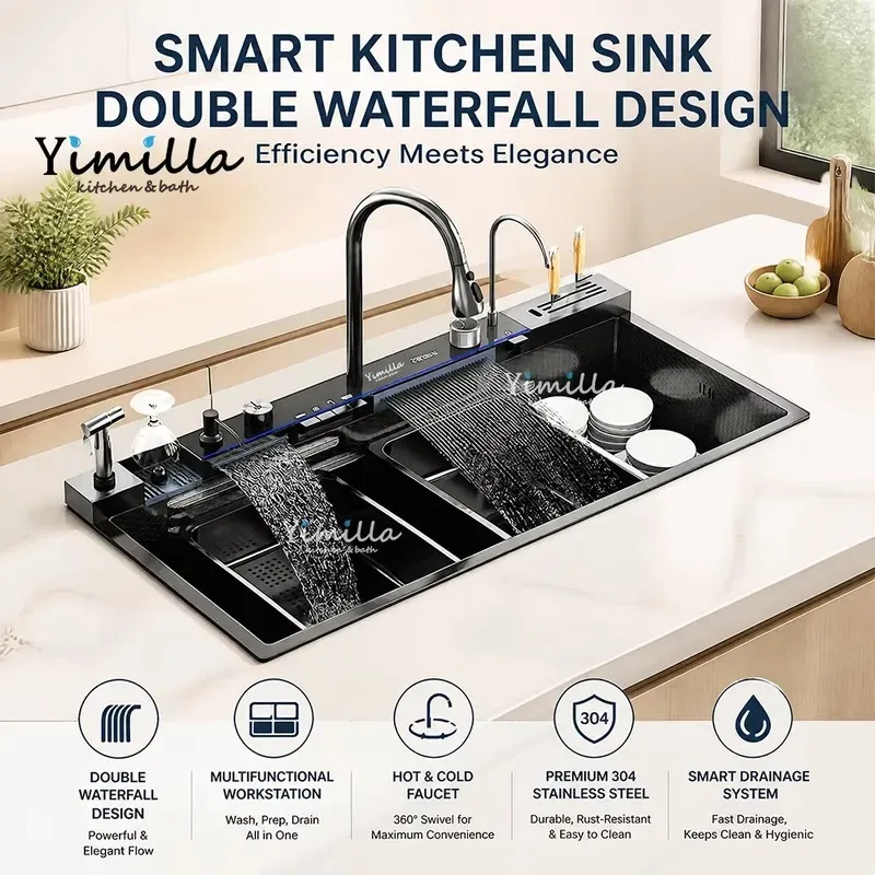 STLF 100Cm Large Modern Chinese Luxury Handmade Four Hole Multifunctional 304 Stainless Steel Smart Waterfall Single Sink