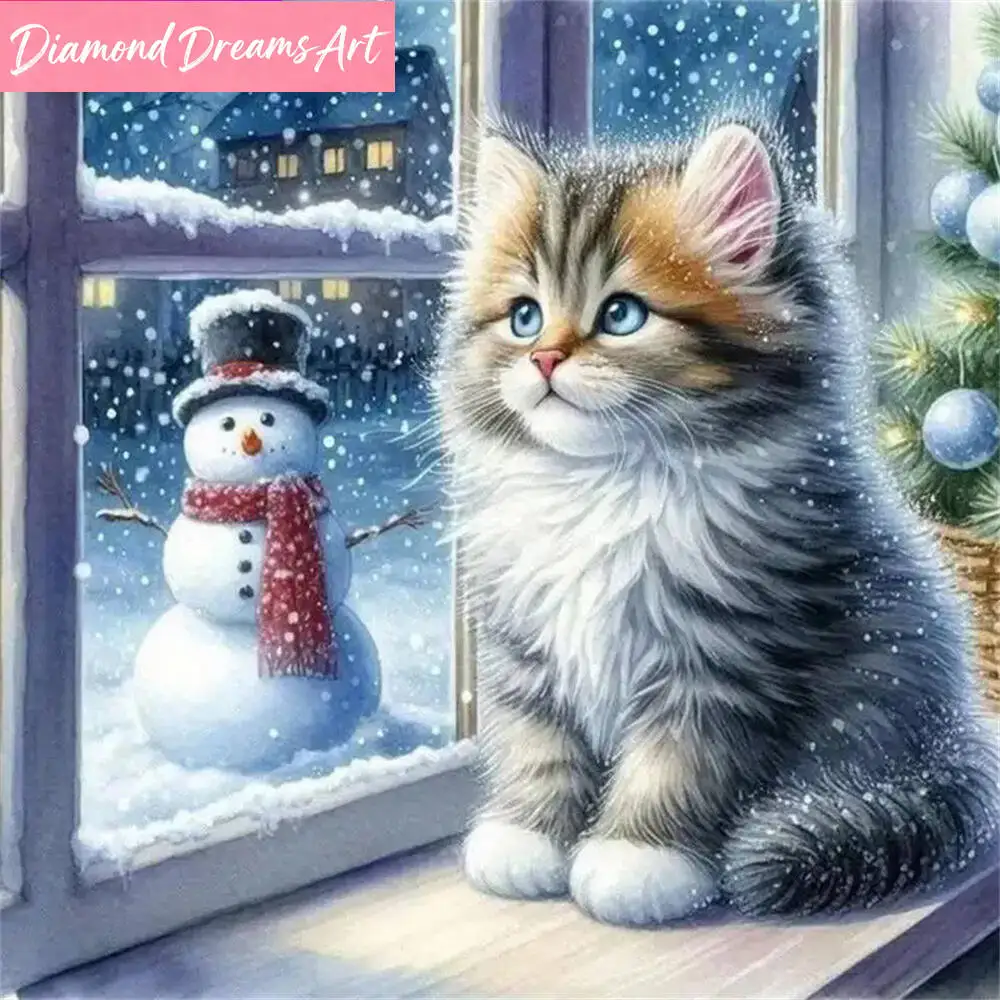 Diamant-Mosaik-Katzen-Tier-Gemälde, DIY-Muster für Erwachsene, Anfänger, Fenster-Diamant-Stickerei, Schneemann-Dekoration für Zuhause, rahmenlos