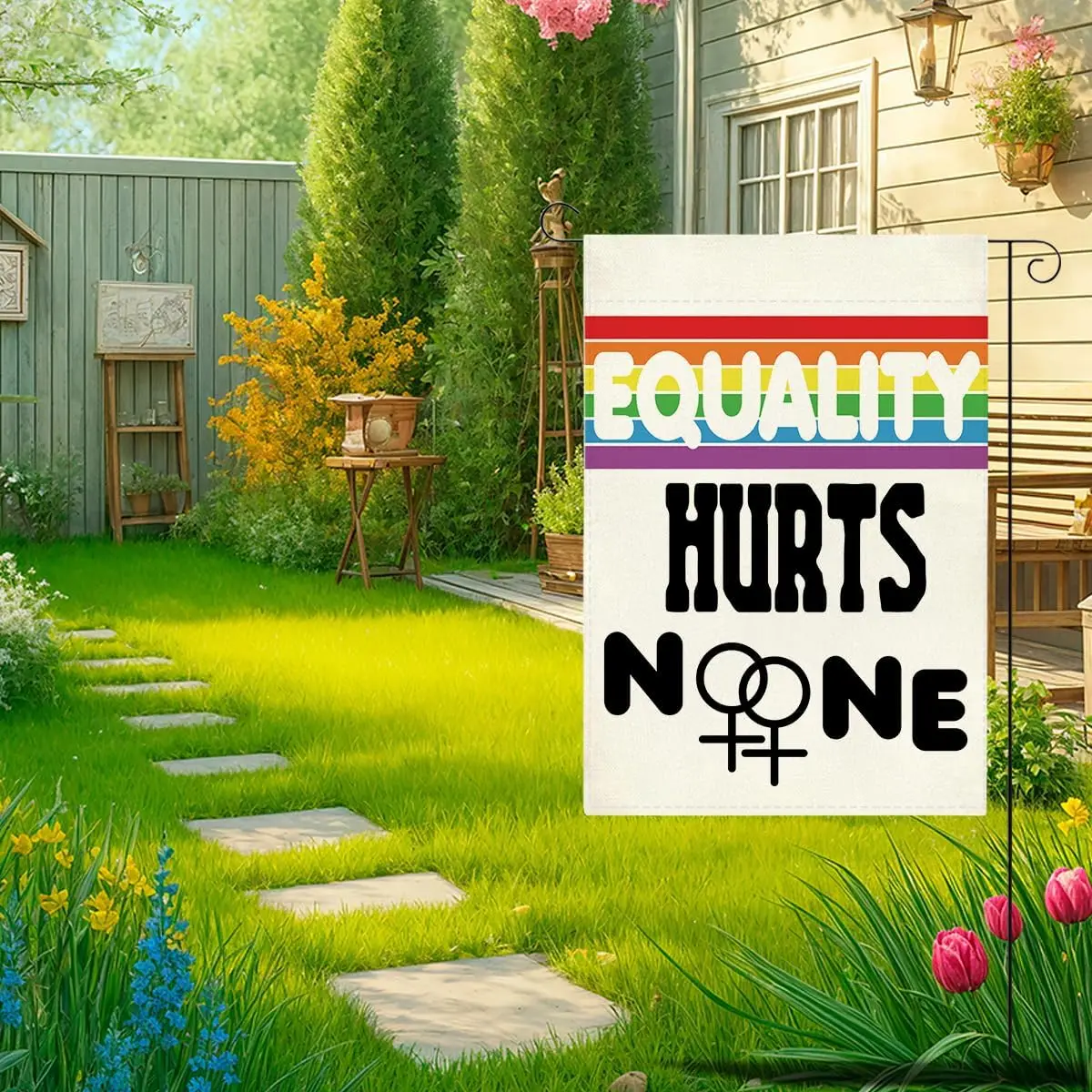 Pride LGBTQ Rainbow Garden Flag Inclusion Gay Transgender Equality Lesbian Bisexual Queer Pansexual Holiday Home Outside Out IIC