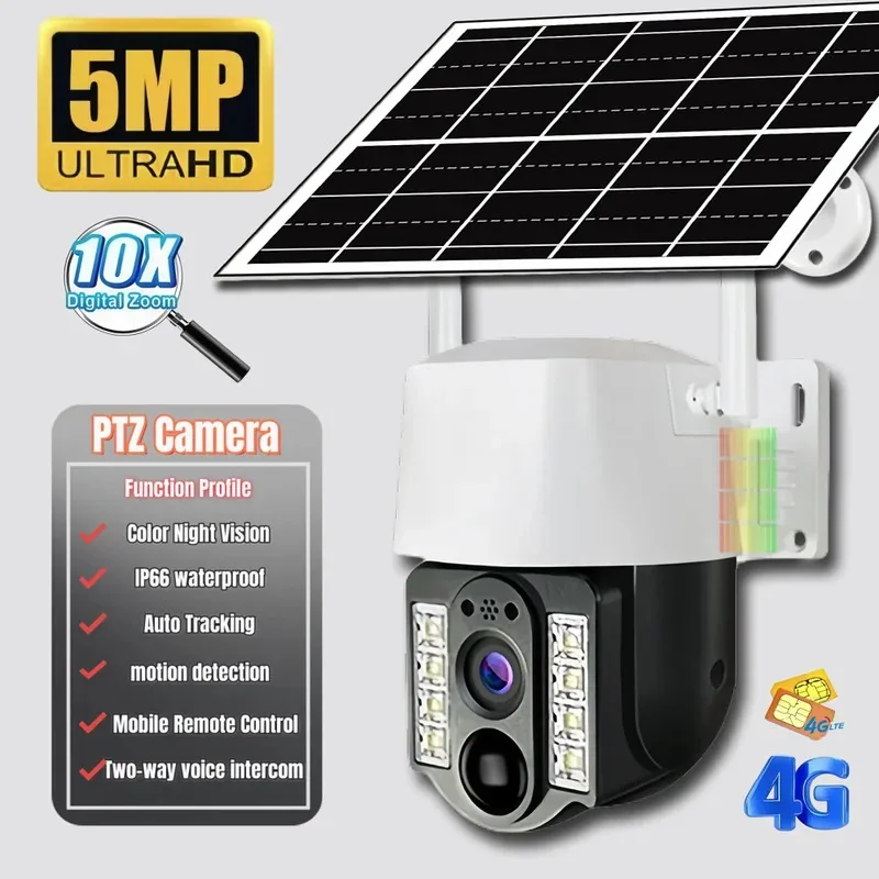 

5.0MP Solar 4G PTZ Camera, 2K HD, Auto Tracking, IP Audio, V380 Pro, CCTV, Built-in Battery, Outdoor Security