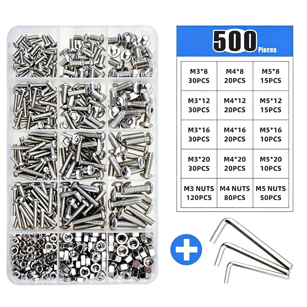 500pcs M3 M4 M5 Hex Socket Button Head Screw Bolts and Nut Set 304 Stainless Steel Allen Round Screw