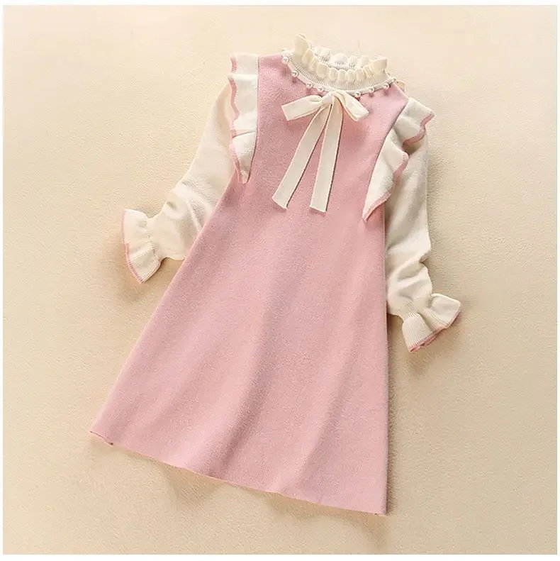 

2025 winter autumn Teenagers Girls Kids bowtie Knit Sweater Dresses Princess clothes new year christmas 4 5 6 7 8 9 10 11 year