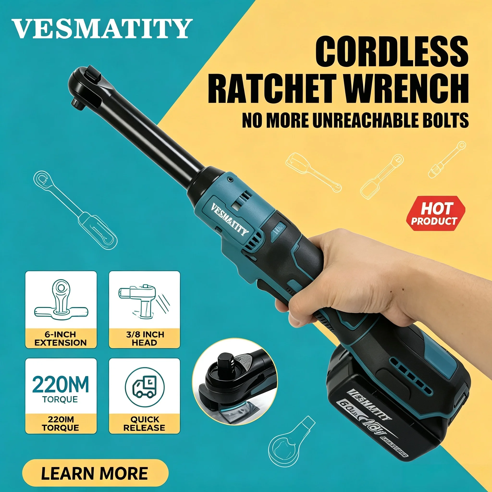 Professional Heavy Duty Cordless Ratchet Wrench 6-inch 3/8 Extension Head 220N.m Disassembly Nut Drive Tool for 20V Battery