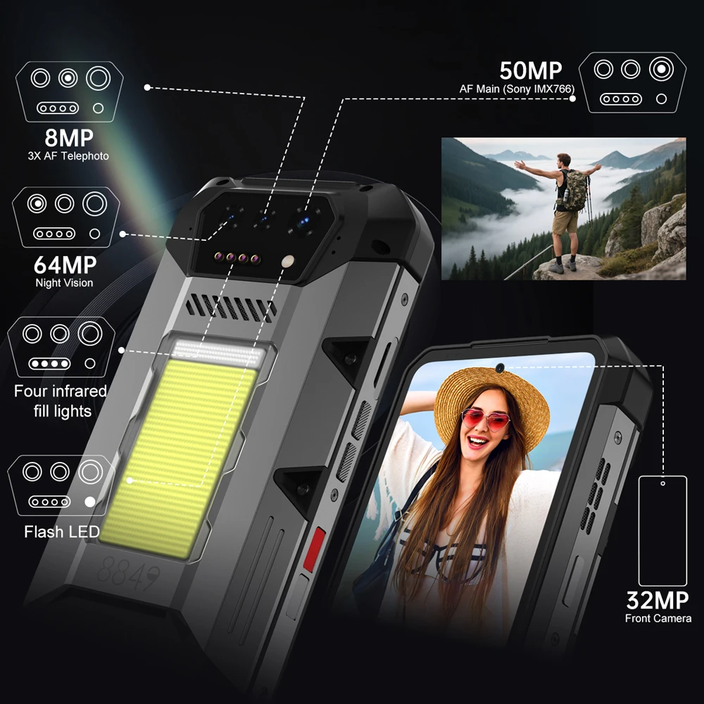 Unihertz Hike 8849 Smartphone Android 14 with 1200 Lumen 200 Meter Flashlight 12GB+512GB Dual Speaker G200 CPU 23800mAh Battery