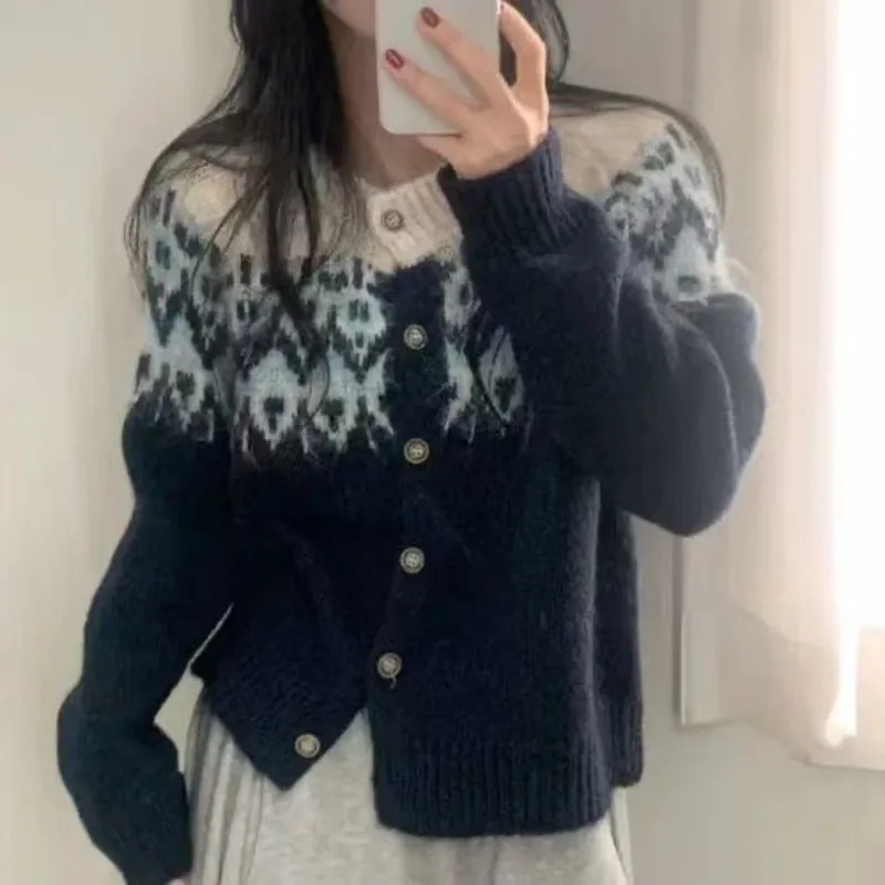 

3D Jacquard Knit Cardigan Women Korea Vintage Patchwork Lazy Soft Waxy Sweater Princess Sleeve Coat O-neck Top Autumn Winter New